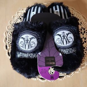 Wednesday The Addams Family black furry slippers women's size M 7/8